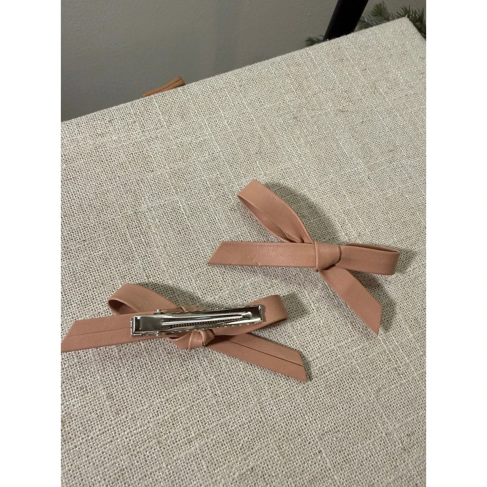 Set of 2 Blush Tan Vegan Leather Bow Hair Clips Minimalist Coquette Aesthetic
